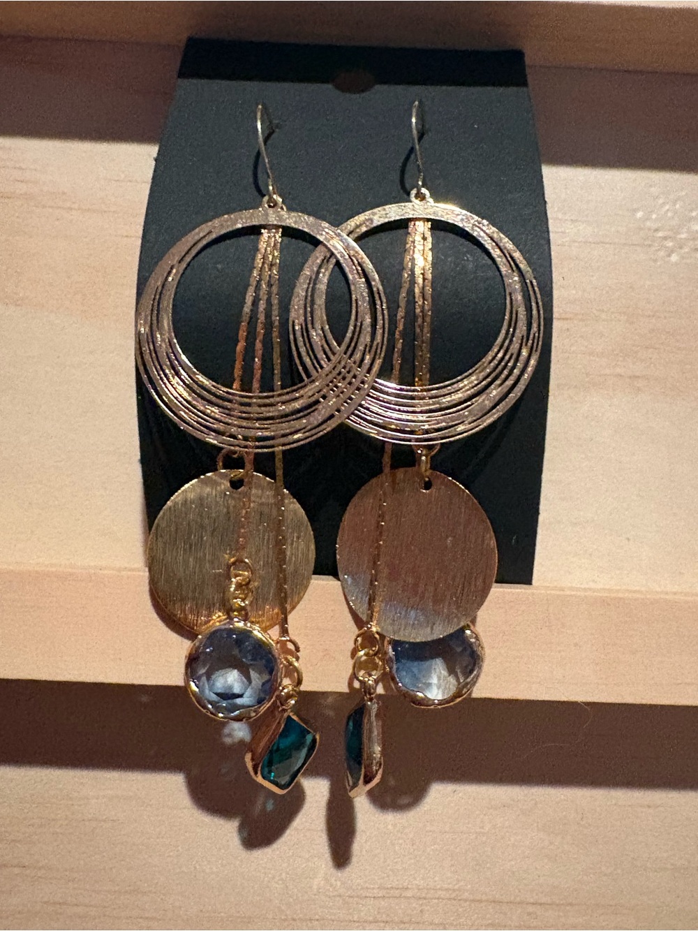 Handmade Gold Multi-Dangle Hoop Earrings with Blue Gem Accents